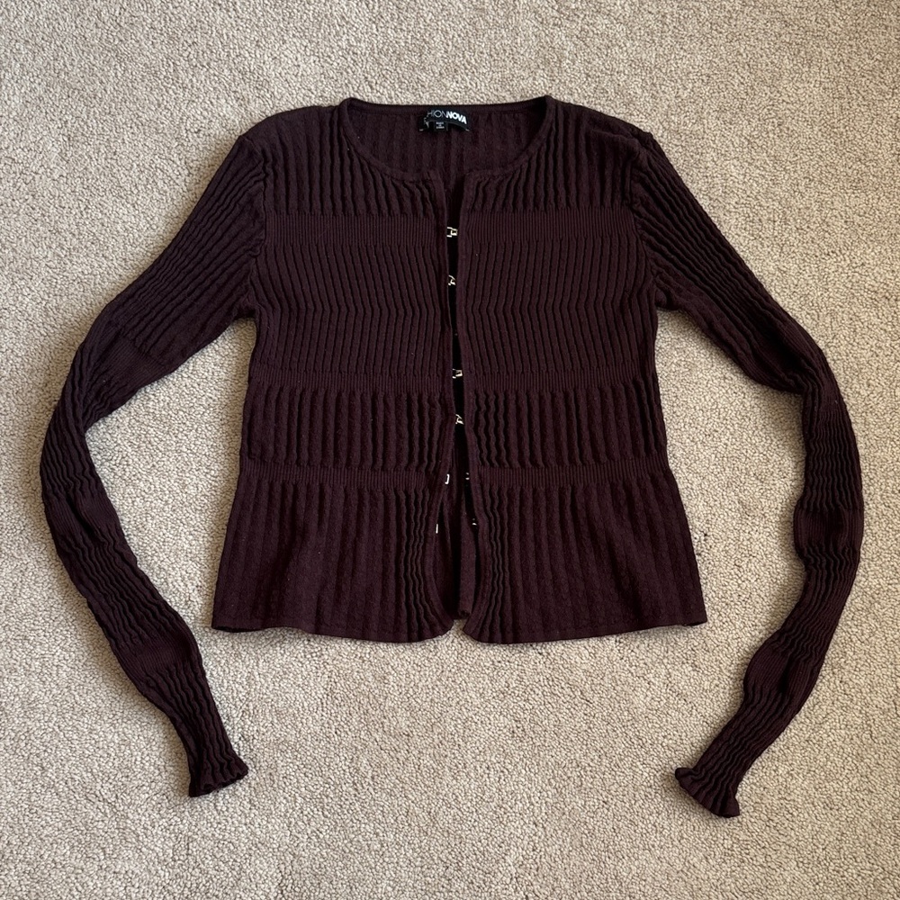 Chocolate Brown Ribbed Button-Front Cardigan - Picture 3 of 6